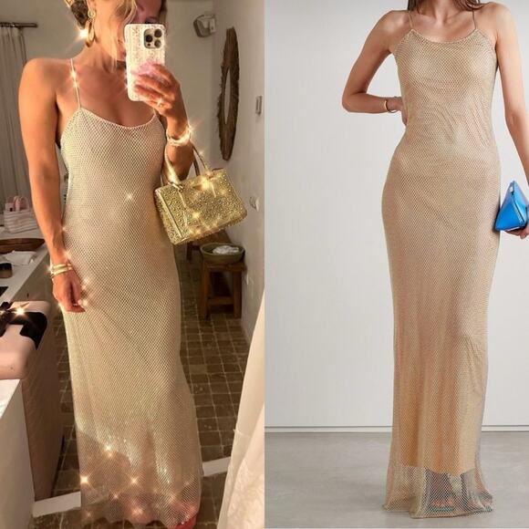 LoveShackFancy Calvert Beaded Crystal Embellished Mesh Maxi Dress Size 4 - Picture 4 of 13